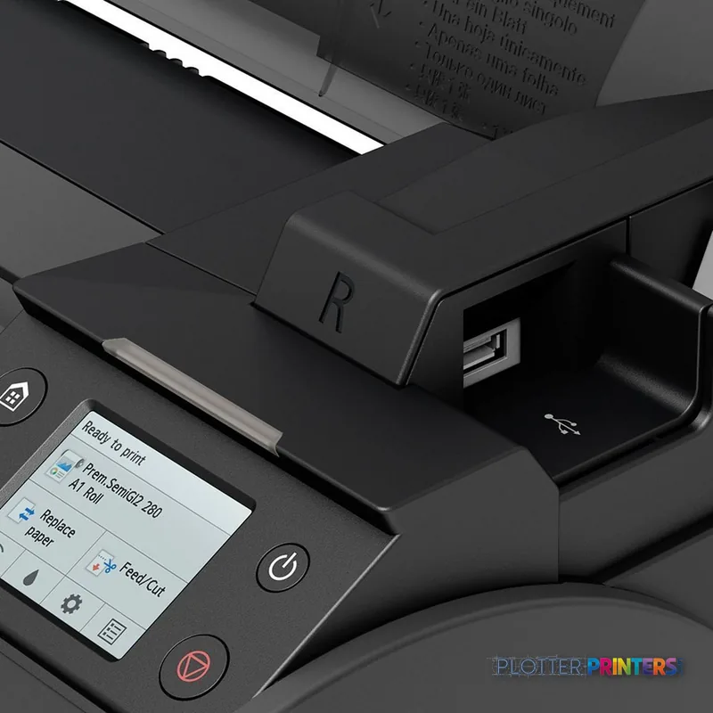 Canon imagePROGRAF GP-200 large format printer product image showing control panel with touchscreen display and USB port