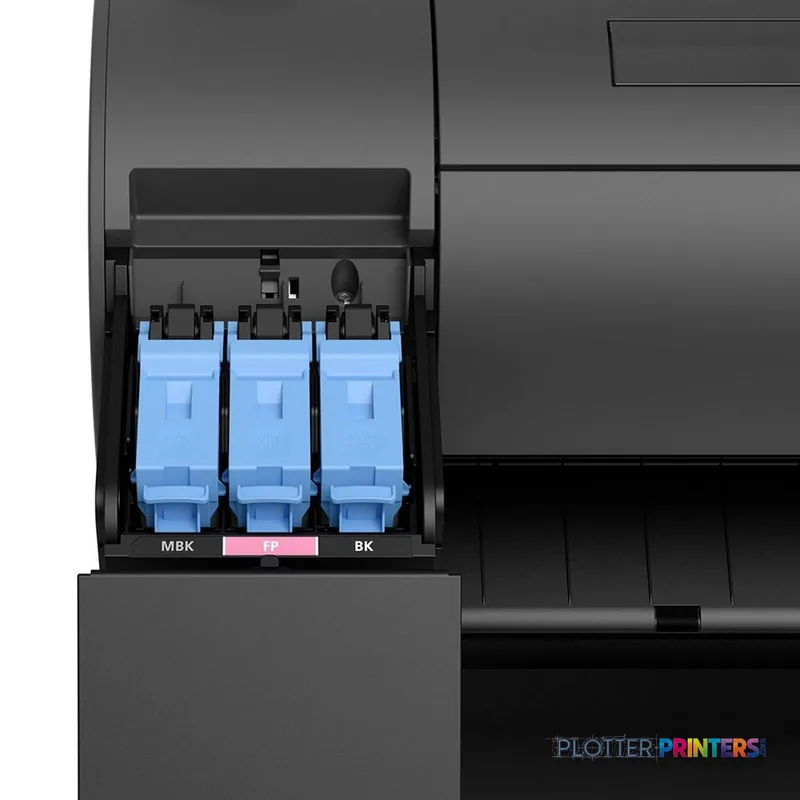 Canon imagePROGRAF GP-200 product image showing open ink cartridge bay with blue tanks labeled MBK, FP, and BK