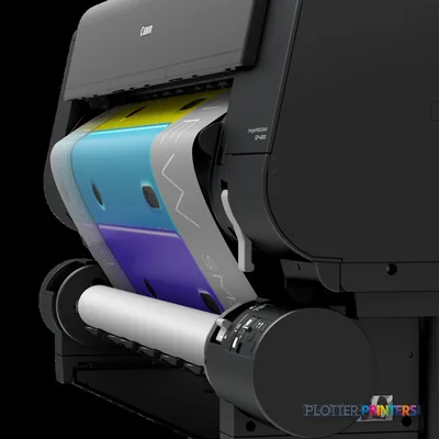 Canon imagePROGRAF GP-4000 large format printer product image showing black device with colorful test print output and roll…