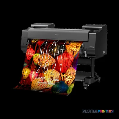 Canon imagePROGRAF GP-4000 large format printer product image showing black printer with colorful lantern design output