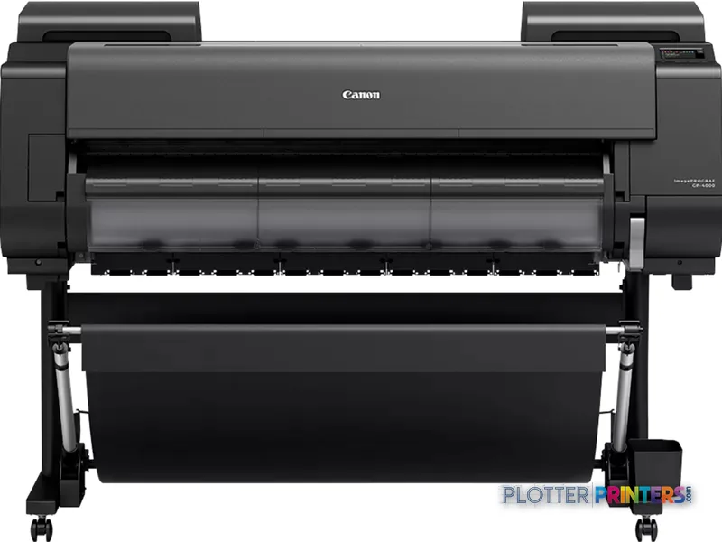 Canon imagePROGRAF GP-4000 large format printer product image showing black printer with roll feed system