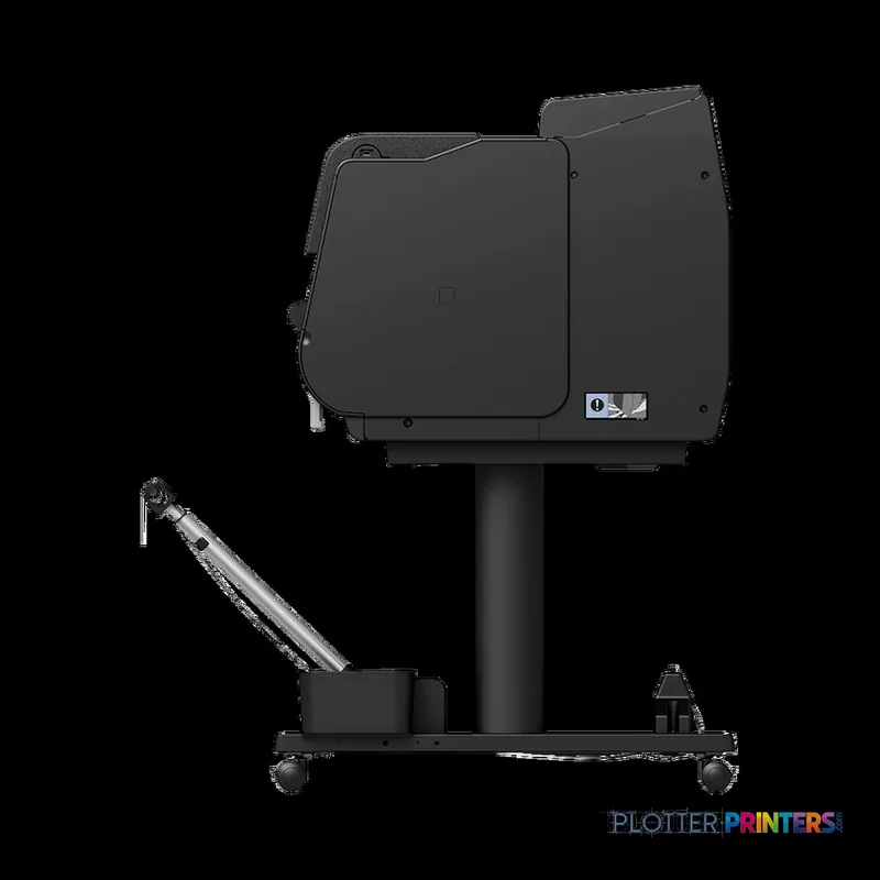 Canon imagePROGRAF GP-4000 large format printer product image showing black printer mounted on stand with roll feed