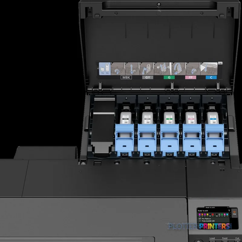 Canon imagePROGRAF GP-4000 product image showing open ink cartridge bay with five colored ink tanks and maintenance cartridge