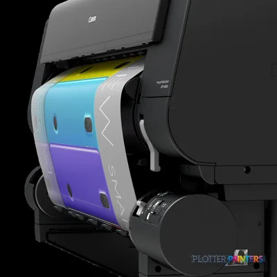 Canon imagePROGRAF GP-2000 large format printer product image showing black printer with colorful test print output