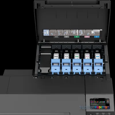 Canon imagePROGRAF GP-2000 product image showing open ink cartridge bay with multiple colored ink tanks and control panel