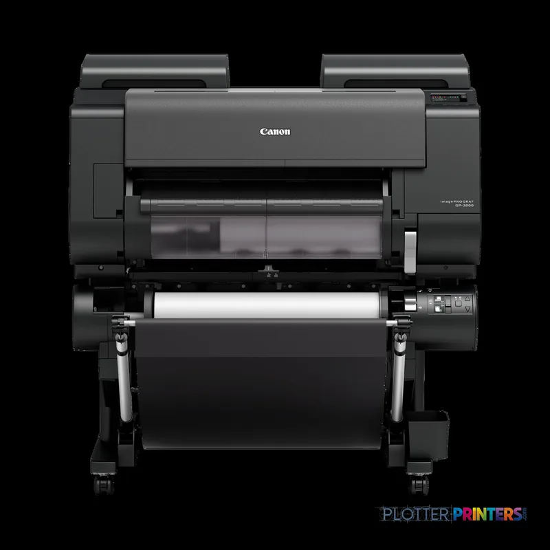 Canon imagePROGRAF GP-2000 large format printer product image showing front view of black thermal inkjet printer with roll f…