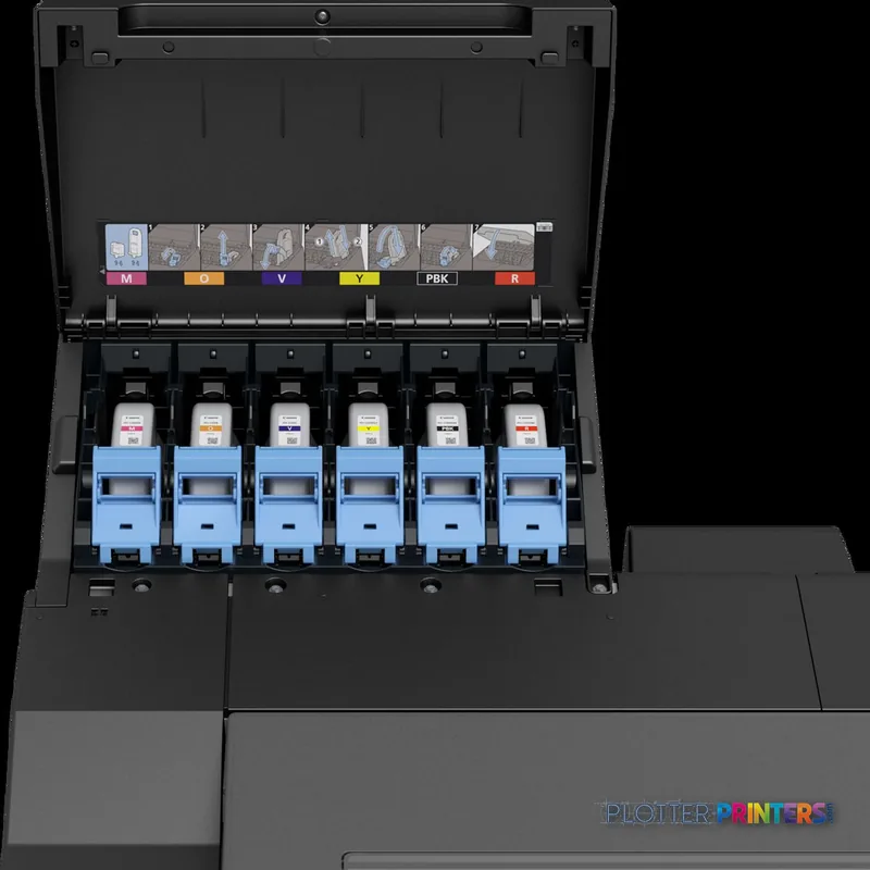 Canon imagePROGRAF GP-2000 product image showing open ink cartridge compartment with six colored ink tanks