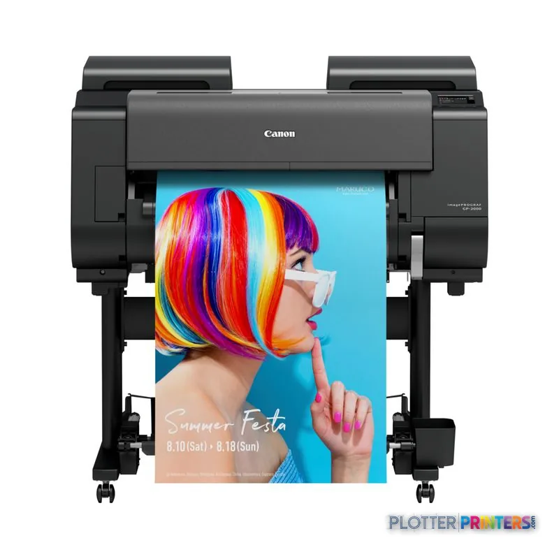Canon imagePROGRAF GP-2000 large-format printer product image showing black thermal inkjet printer with colorful event poste…