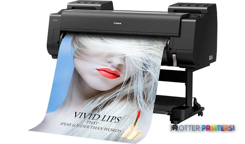 Canon imagePROGRAF PRO-4100S large format printer with color photo output showing portrait and cosmetics advertisement