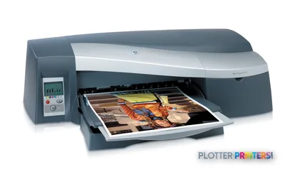 HP DesignJet 30gp Printer product image showing the printer with output tray extended and a colorful print sample