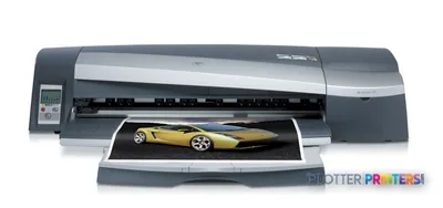 HP Designjet 130 large format printer product image showing the device with a yellow sports car print output