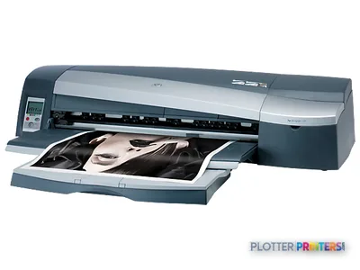 HP Designjet 130gp large format printer product image showing grey thermal inkjet printer with open paper tray