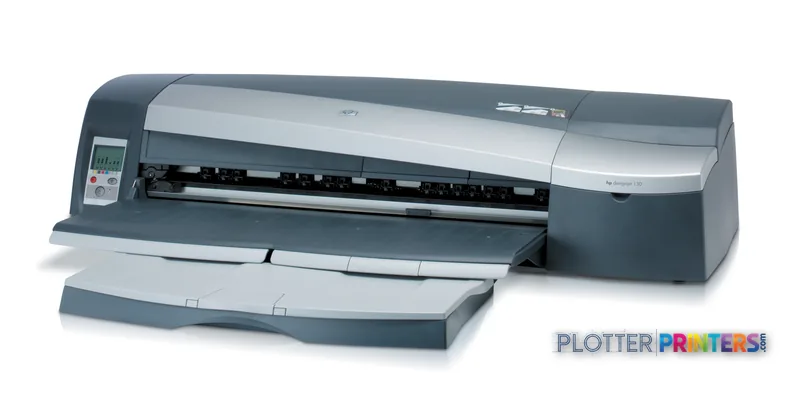 HP Designjet 130gp large format printer product image showing grey thermal inkjet device with open output tray