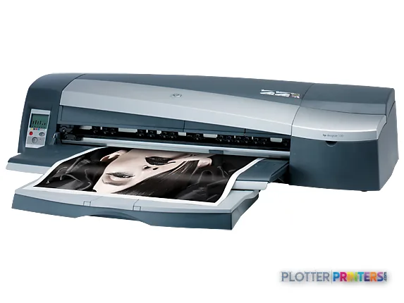 HP Designjet 130gp large format printer product image showing grey thermal inkjet printer with open paper tray