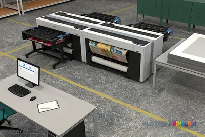 Epson SureColor T7770DR large format printer product image showing white and black inkjet printer with roll feed system in o…