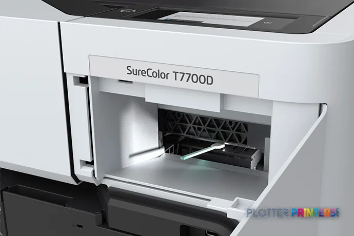 Epson SureColor T7700D product image showing open front access panel with ink cartridge bay