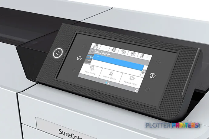 Epson SureColor T7770DR large format printer product image showing touchscreen control panel with paper loading menu display…