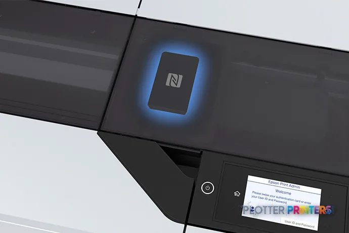 Epson SureColor T7770DR large format printer product image showing black printer with illuminated NFC touchpad and control p…