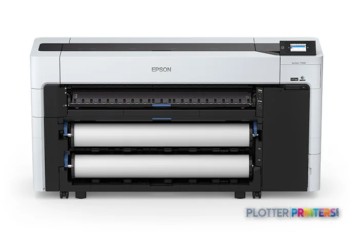 Epson SureColor T7770DR large-format printer product image showing front view with dual roll feed system and touchscreen dis…