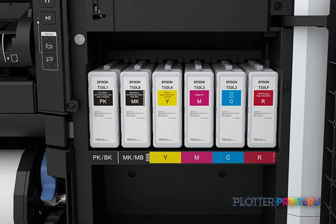 Epson SureColor T7770DR product image showing six ink cartridges in black, gray, yellow, magenta, cyan, and red colors insta…