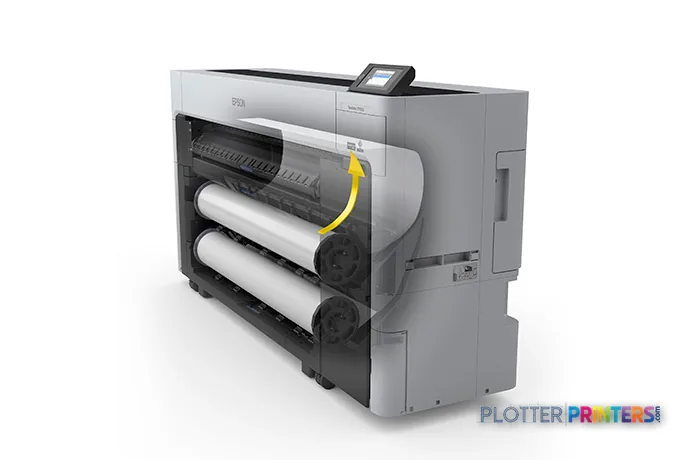 Epson SureColor T7770DR large format printer product image showing front view with dual roll media loaded