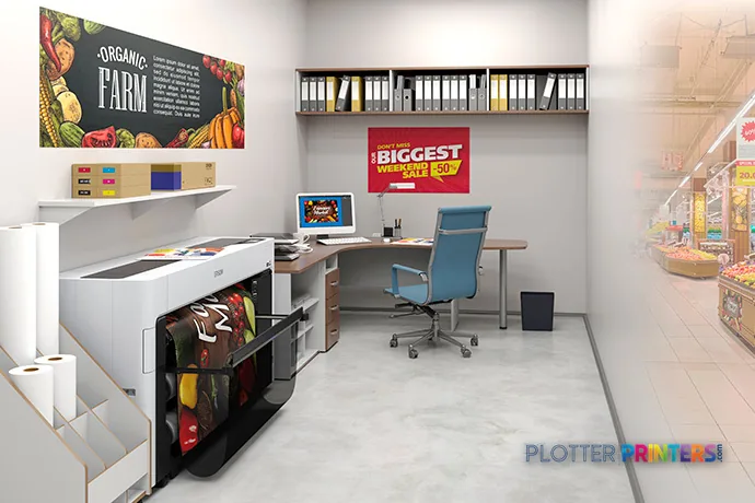Epson SureColor T7770DR large format printer in a retail environment, showing the white printer with output tray extended
