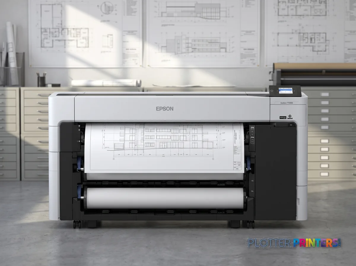 Epson SureColor T7770DR 44-in Dual-Roll Printer in a plan room beside flat-file drawers, printing a CAD elevation (staged scene from manufacturer product photography)