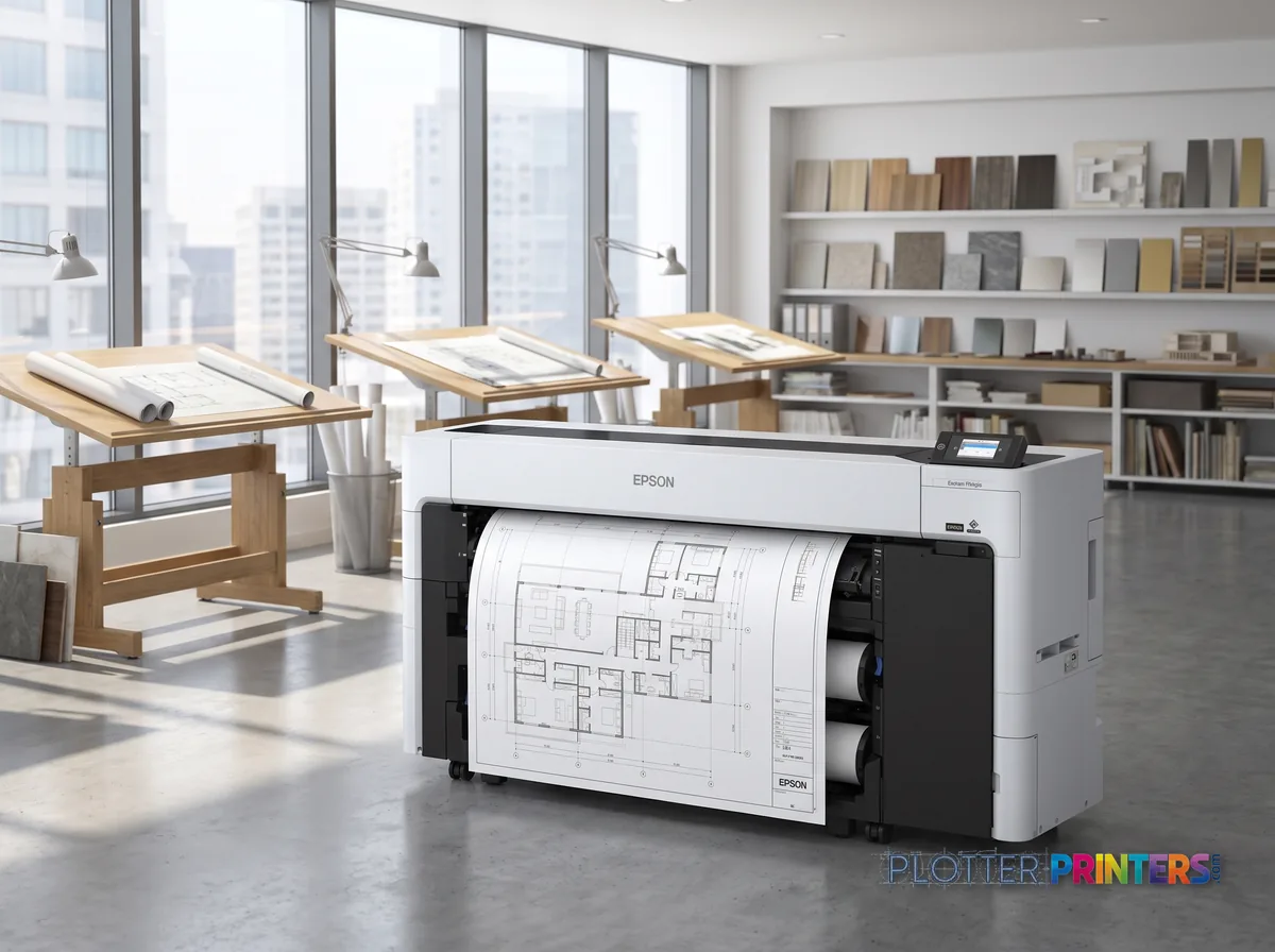 Epson SureColor T7770DR 44-in Dual-Roll Printer in a bright architecture studio, printing a large floor plan (staged scene from manufacturer product photography)