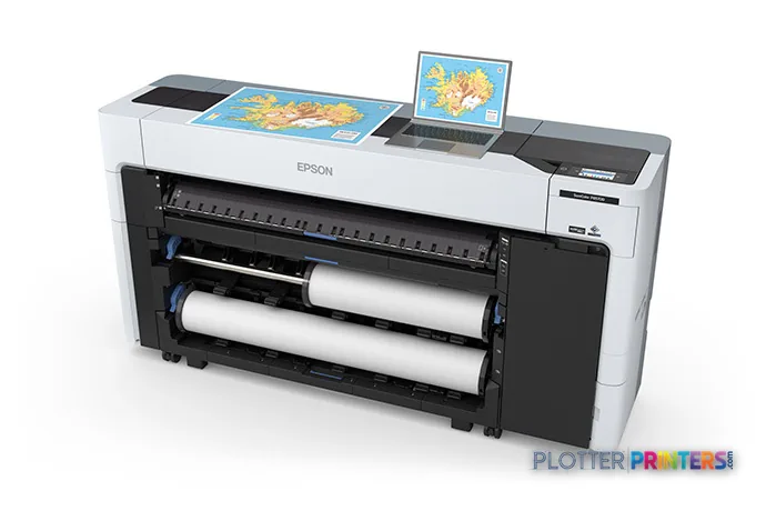Epson SureColor P8570DR large format printer product image showing white and black inkjet printer with dual roll feed system…