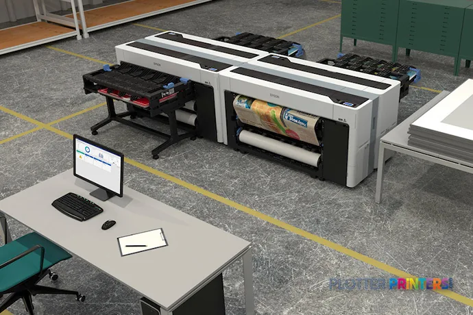 Epson SureColor P8570DR large format printer product image showing white and black inkjet printer with roll feed in professi…