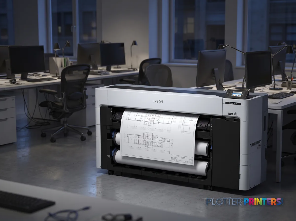 Epson SureColor P8570DR 44-in Dual-Roll Printer in an engineering office with a technical drawing at its print slot (staged scene from manufacturer product photography)