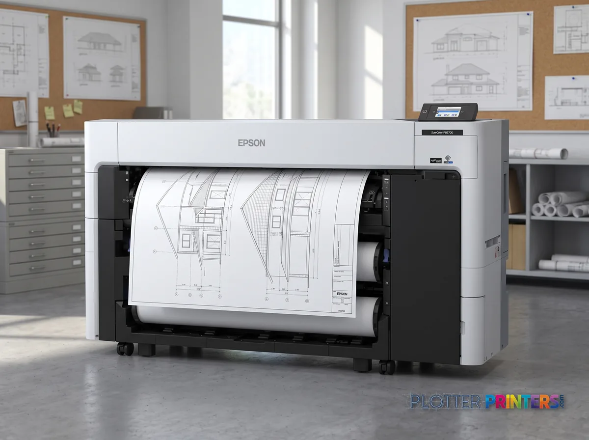 Epson SureColor P8570DR 44-in Dual-Roll Printer in a plan room beside flat-file drawers, printing a CAD elevation (staged scene from manufacturer product photography)