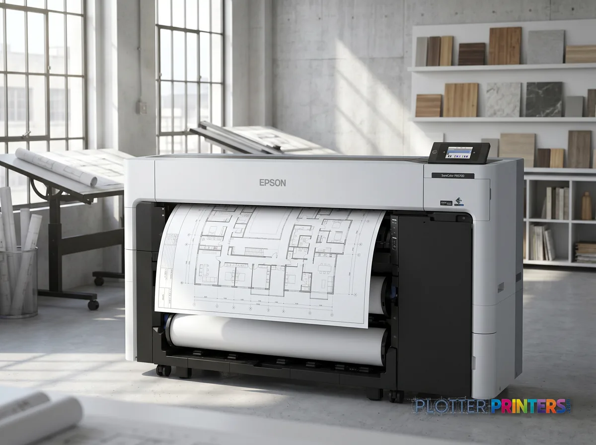 Epson SureColor P8570DR 44-in Dual-Roll Printer in a bright architecture studio, printing a large floor plan (staged scene from manufacturer product photography)