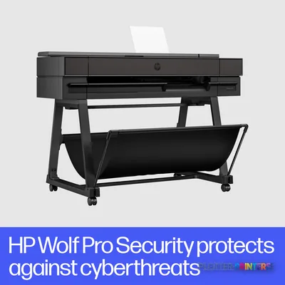 HP DesignJet T850 36-in Printer annotated product view showing black printer on stand with output tray