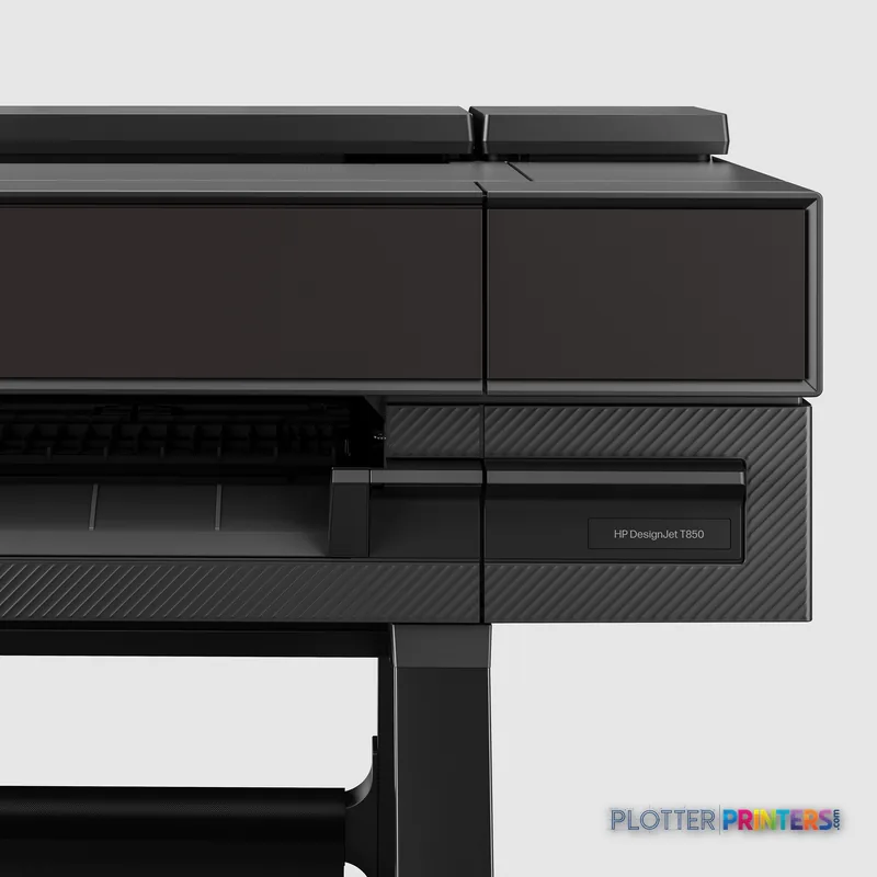 HP DesignJet T850 36-in Printer product detail view showing the printer's right side profile with control panel and paper fe…