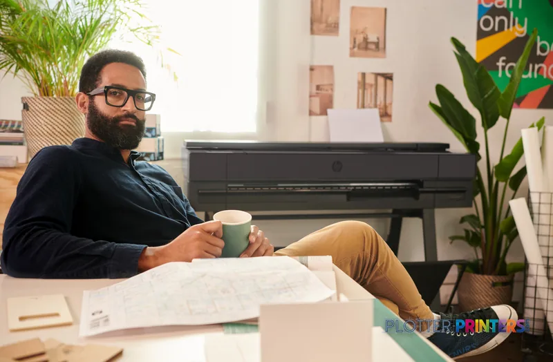 Man reviewing large-format prints at desk with HP DesignJet T850 36-in Printer in background