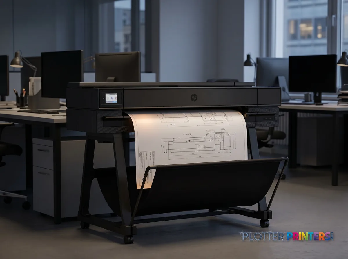 HP DesignJet T850 36-in Printer in an engineering office with a technical drawing at its print slot (staged scene from manufacturer product photography)