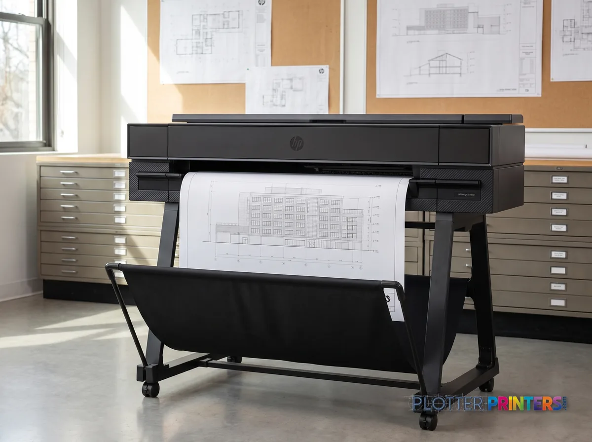 HP DesignJet T850 36-in Printer in a plan room beside flat-file drawers, printing a CAD elevation (staged scene from manufacturer product photography)