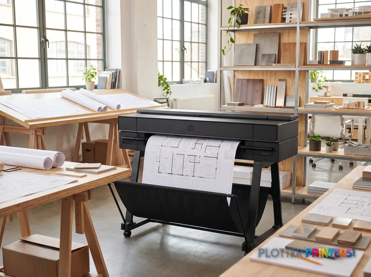 HP DesignJet T850 36-in Printer in a bright architecture studio, printing a large floor plan (staged scene from manufacturer product photography)
