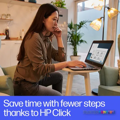 Woman using laptop displaying architectural plans, representing HP DesignJet T950 36-in Printer remote workflow