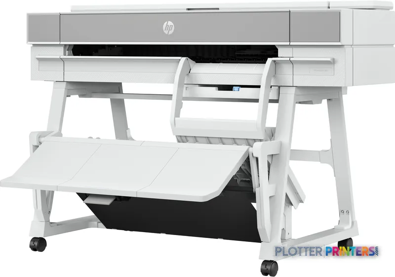 HP DesignJet T950 36-in Printer product image showing front view with white stand and output tray