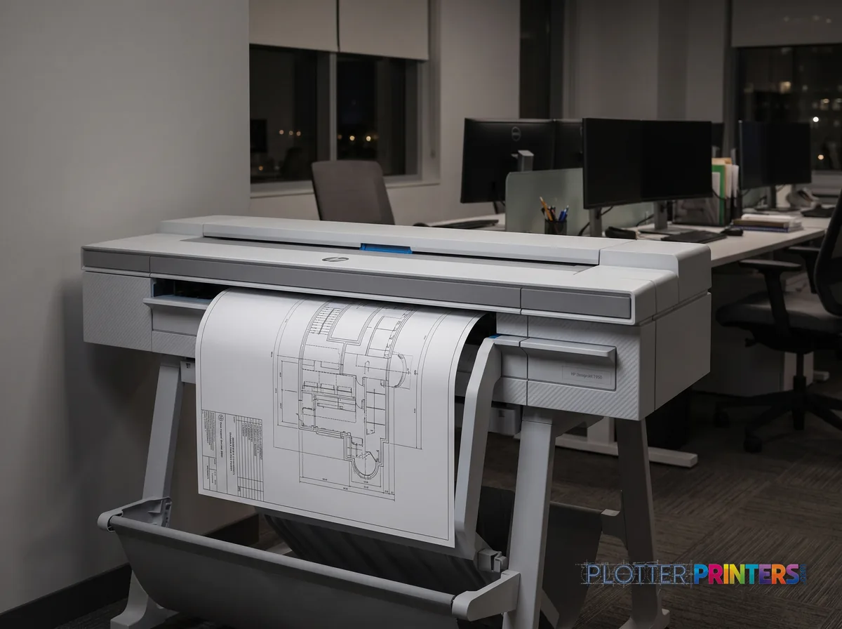 HP DesignJet T950 36-in Printer in an engineering office with a technical drawing at its print slot (staged scene from manufacturer product photography)