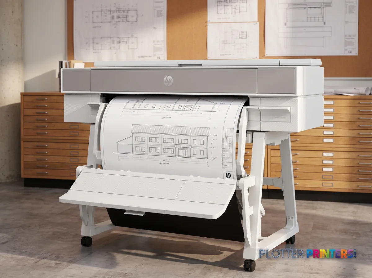 HP DesignJet T950 36-in Printer in a plan room beside flat-file drawers, printing a CAD elevation (staged scene from manufacturer product photography)