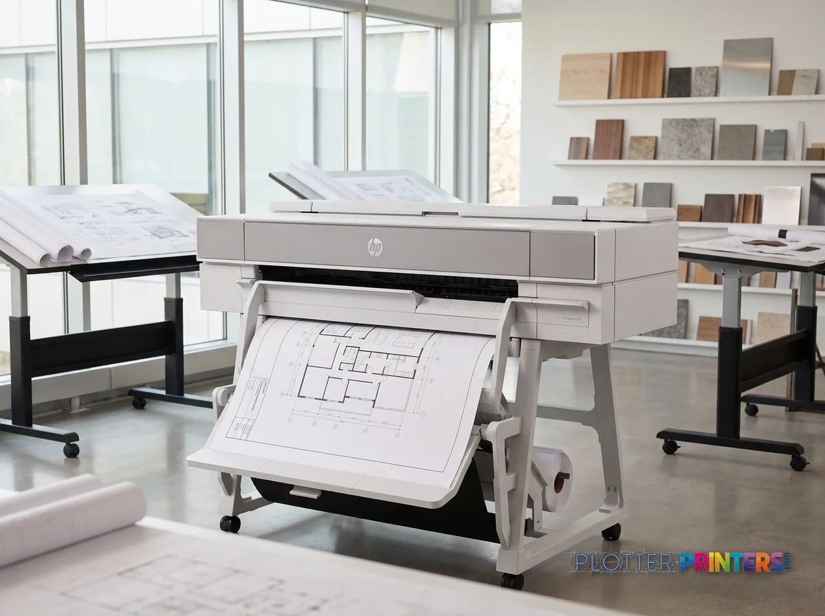 HP DesignJet T950 36-in Printer in a bright architecture studio, printing a large floor plan (staged scene from manufacturer product photography)