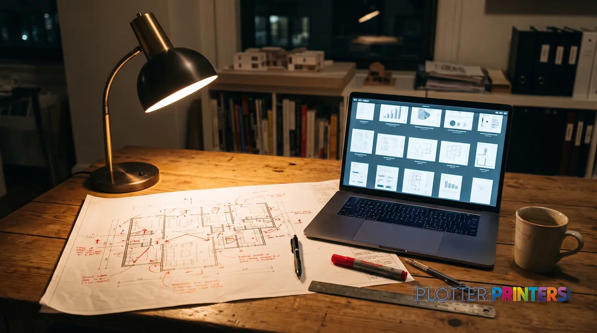 Marked-up plan beside a laptop showing scanned-document thumbnails