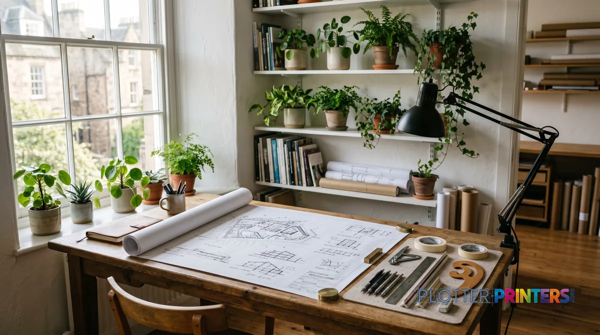 Compact studio desk with a partially unrolled A1 drawing and drafting tools