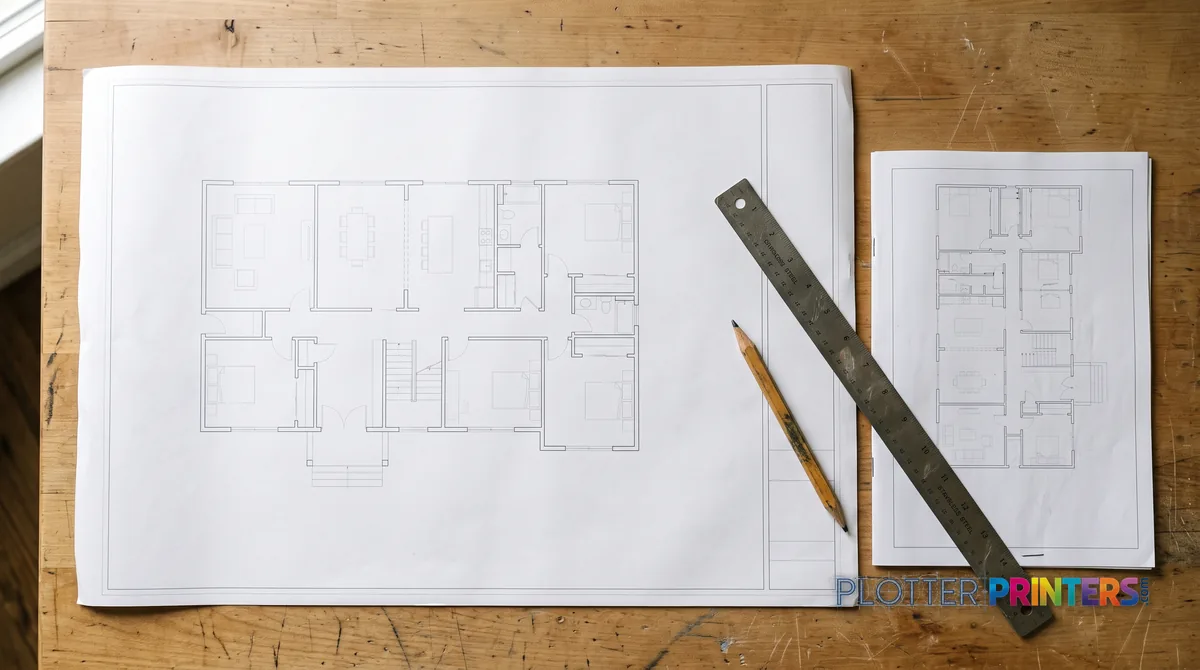 ARCH D sheet beside an 11×17 half-size set on a worktable