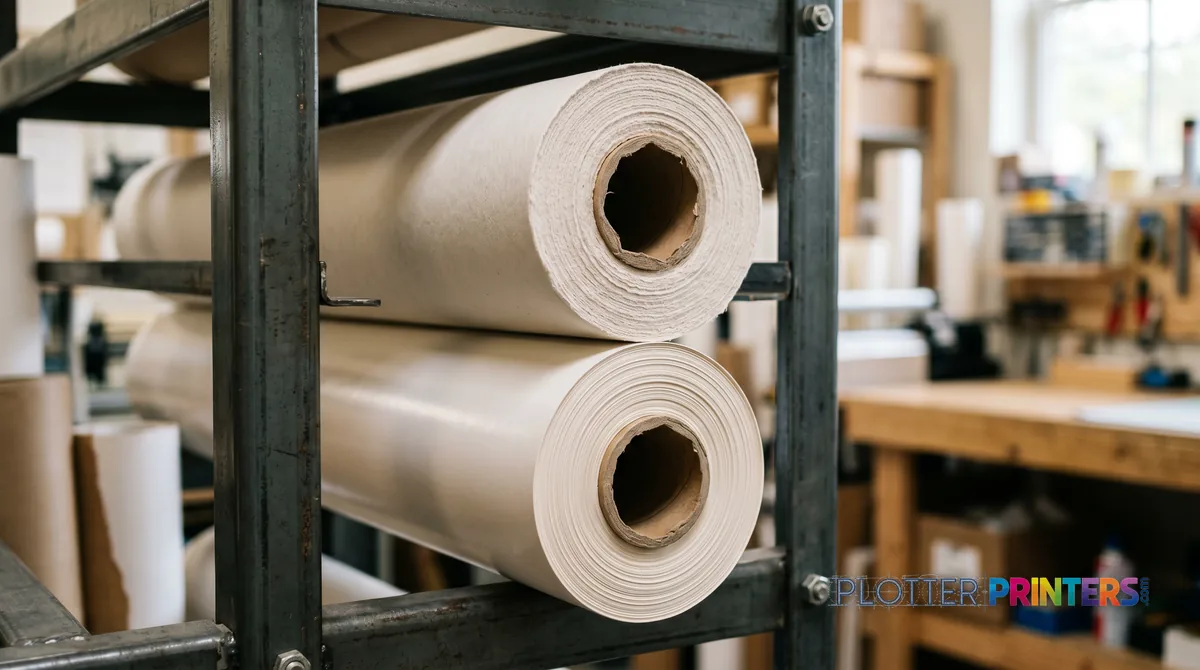 Two 36-inch media rolls of different finishes stacked in a rack