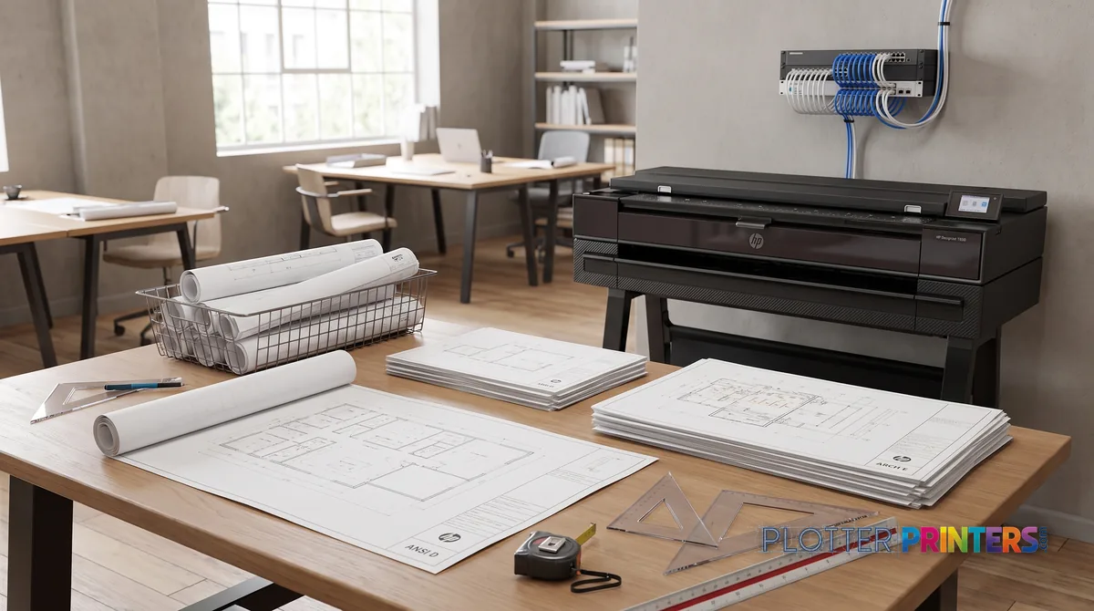 Architectural office table with large rolled blueprints and sheet stacks.