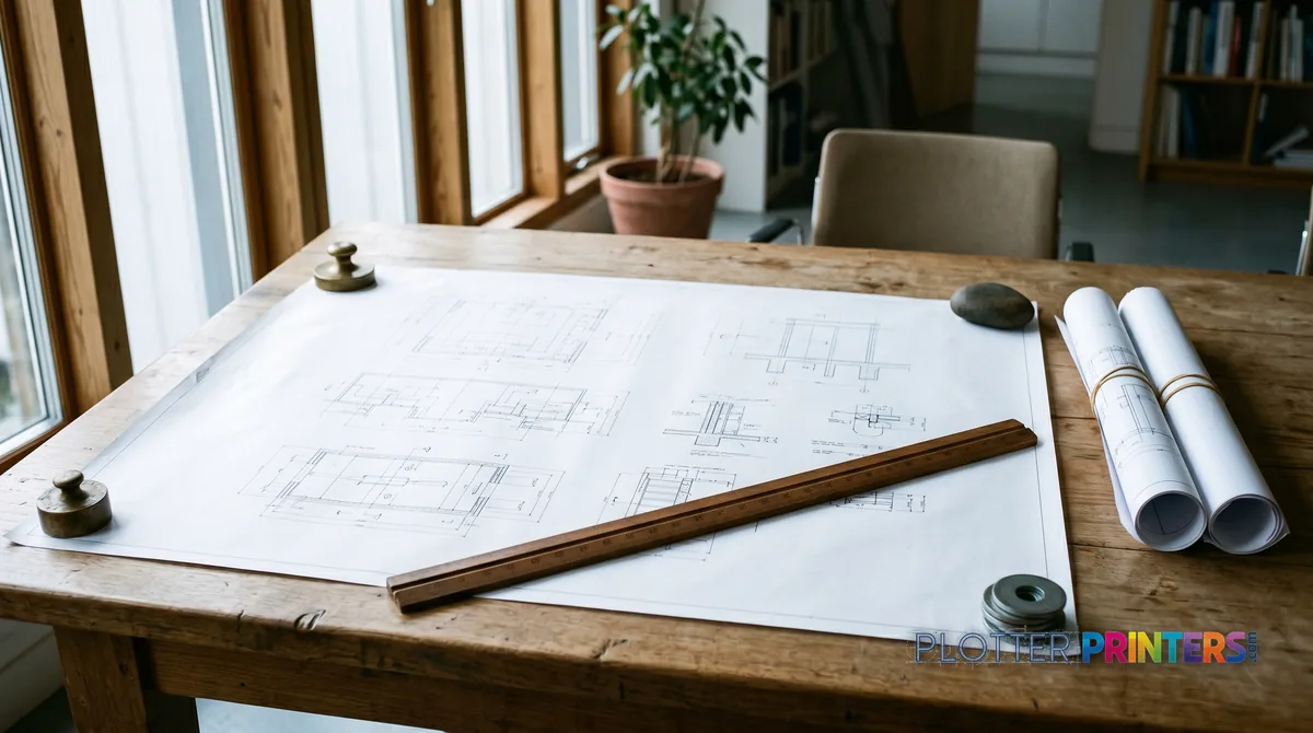 Full A0 drawing spread across a meeting table with rolled sheets beside it